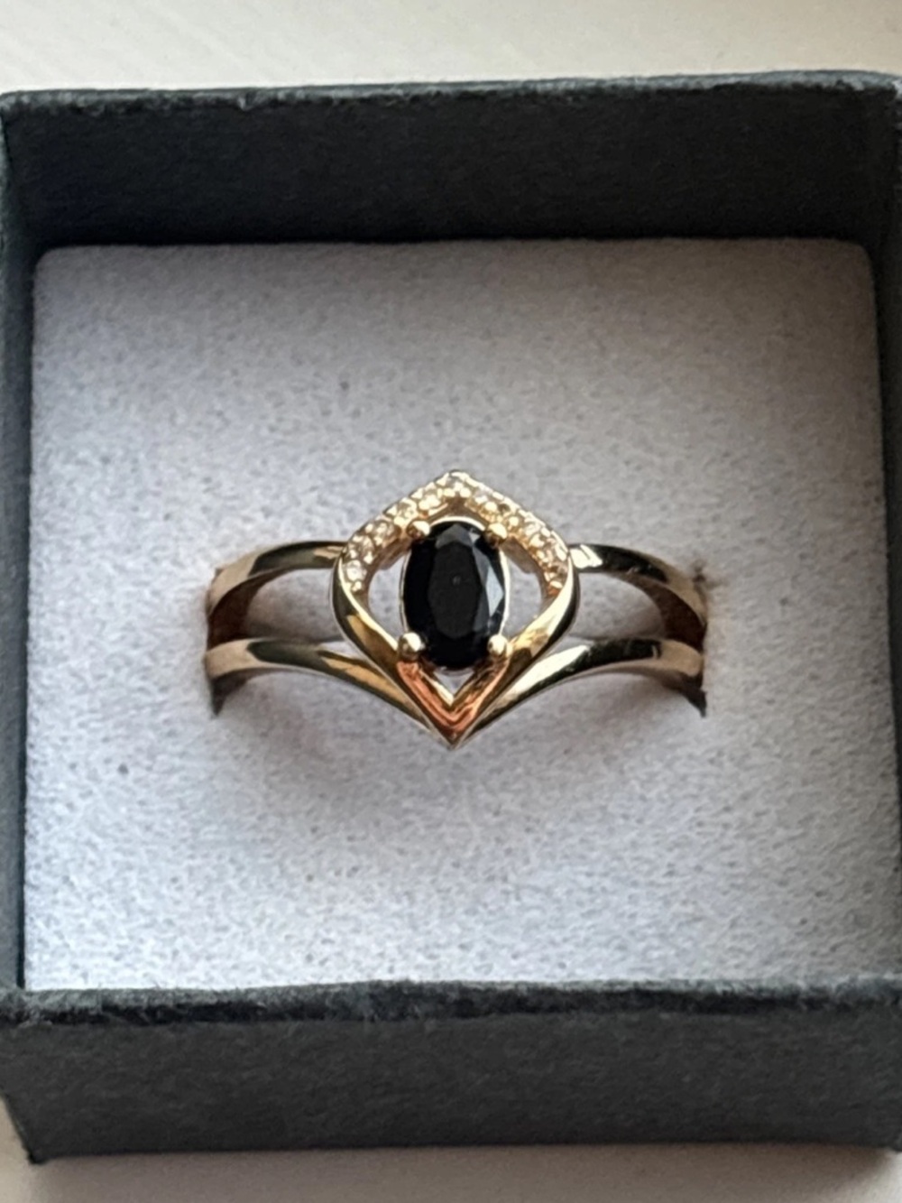 Gold Plated Black Stone Ring Size 7 Oval Cut Halo Split Band Statement Ring